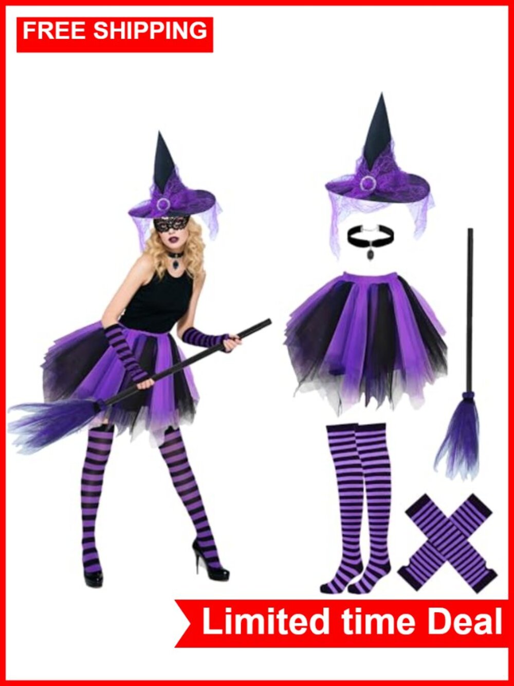Halloween Witch Costume Set Tutu Hat Broom Socks Gloves Choker
